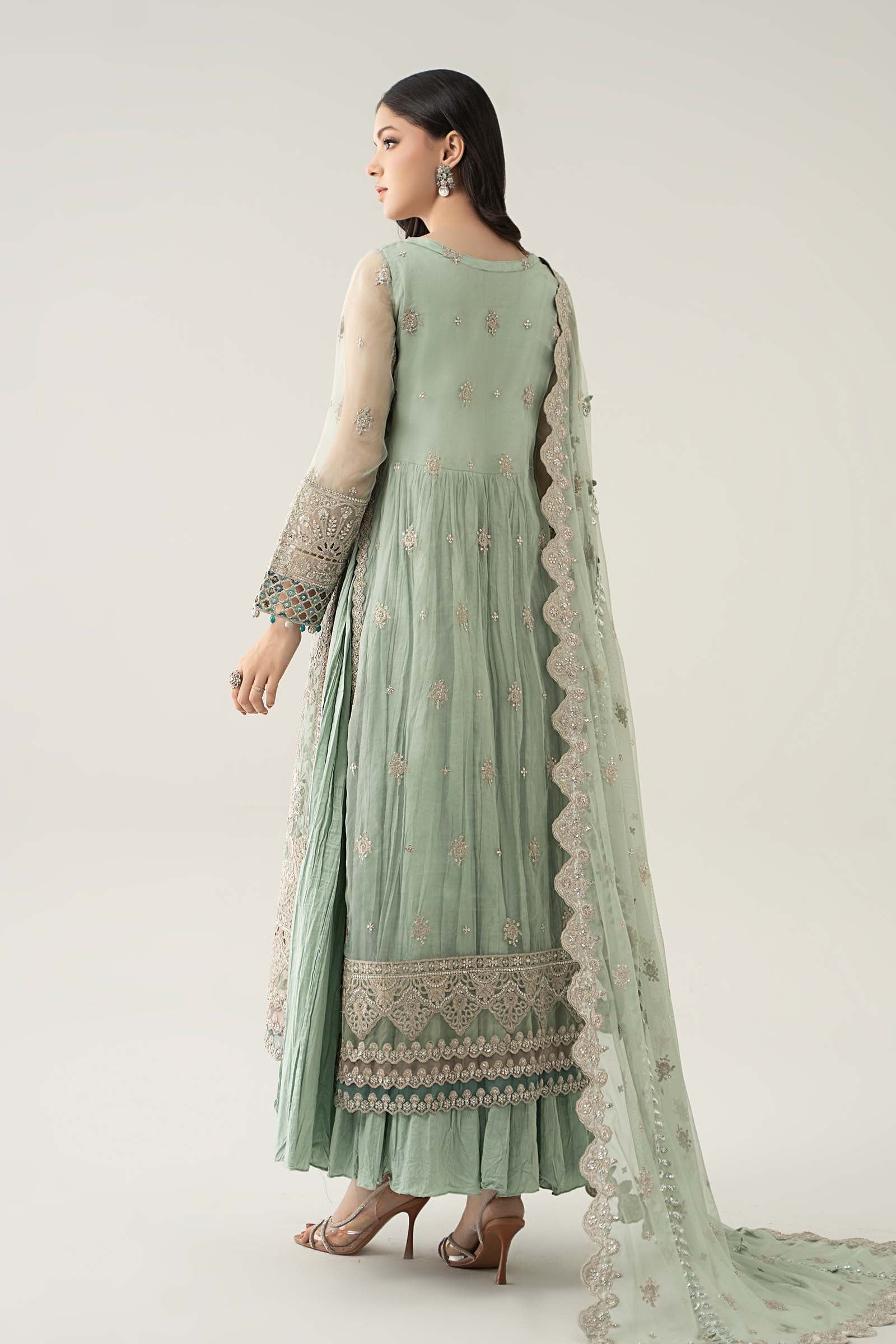 Maria B | Pre Fall Dresses | 3 Piece Embroidered Organza Suit Sea Green - Official Maria B - Agha Fabrics UK