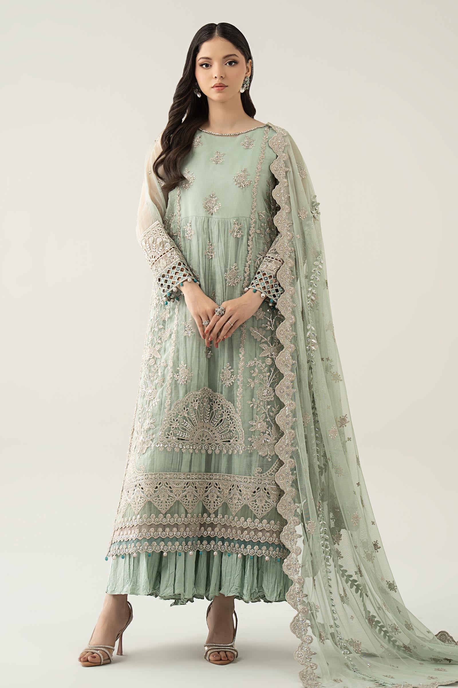 Maria B | Pre Fall Dresses | 3 Piece Embroidered Organza Suit Sea Green - Official Maria B - Agha Fabrics UK