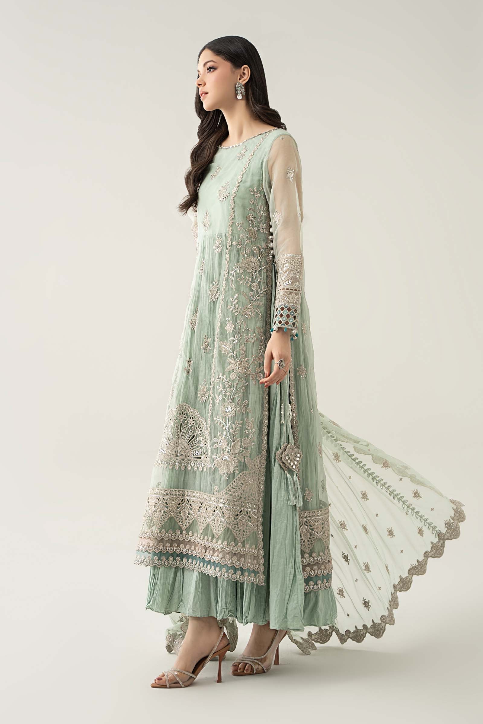 Maria B | Pre Fall Dresses | 3 Piece Embroidered Organza Suit Sea Green - Official Maria B - Agha Fabrics UK