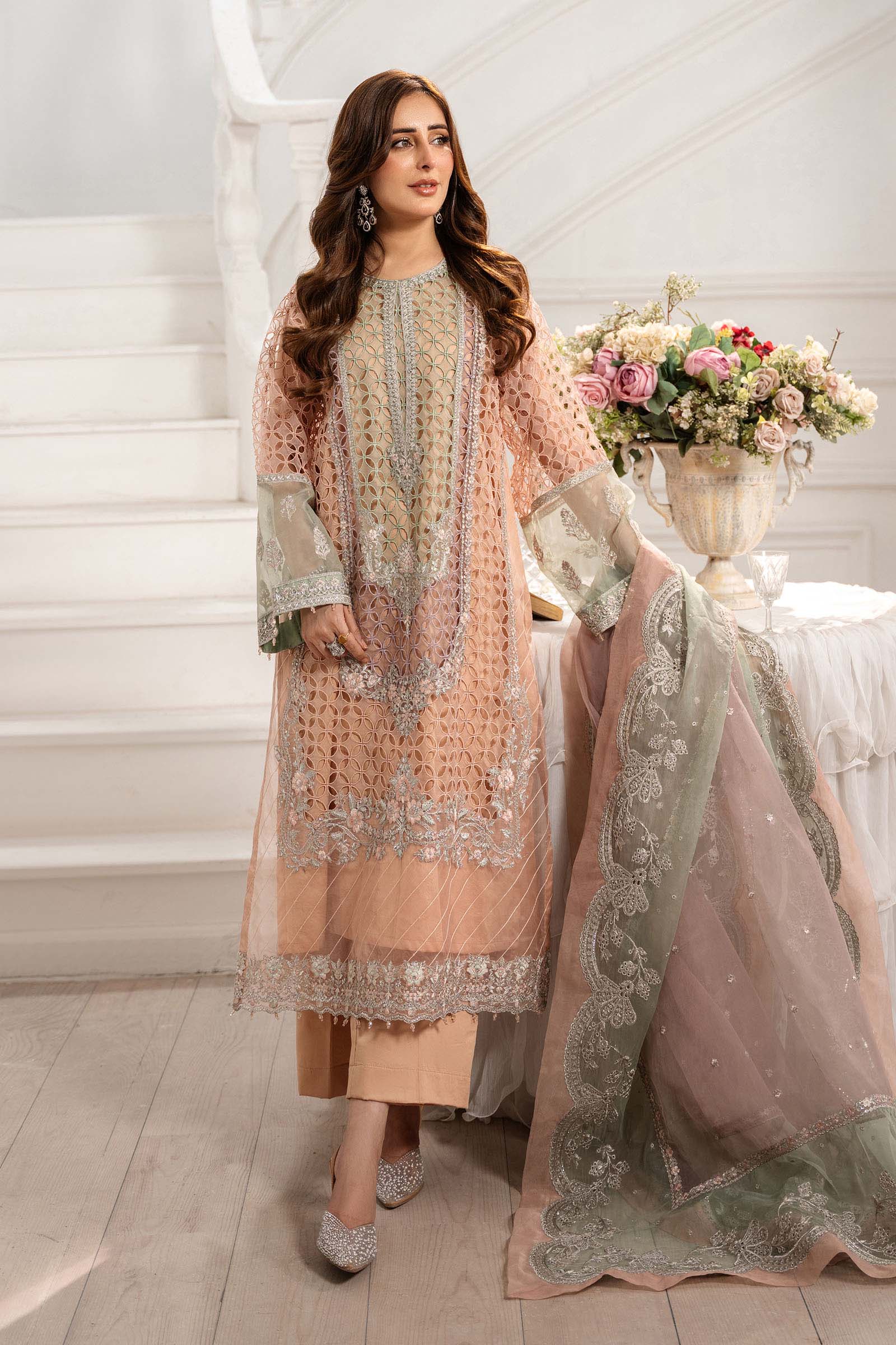Maria B | Pre Fall Dresses | 3 Piece Embroidered Organza Suit Peach - Official Maria B - Agha Fabrics UK