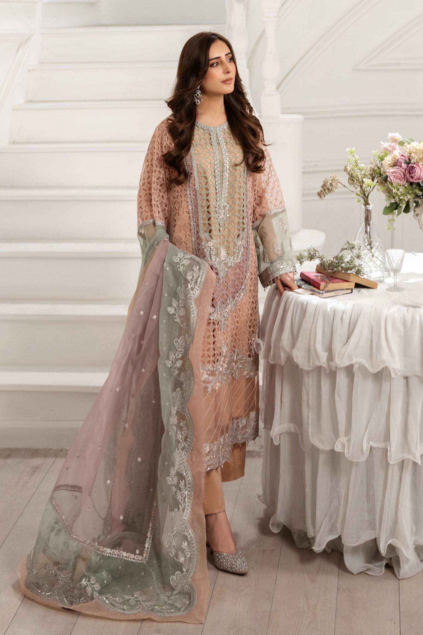 Maria B | Pre Fall Dresses | 3 Piece Embroidered Organza Suit Peach - Official Maria B - Agha Fabrics UK