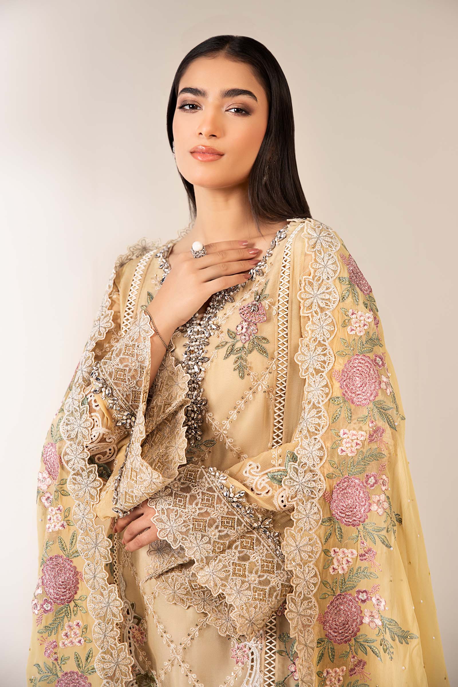 Maria B | Pre Fall Dresses | 3 Piece Embroidered Chiffon Suit Yellow - Official Maria B - Agha Fabrics UK