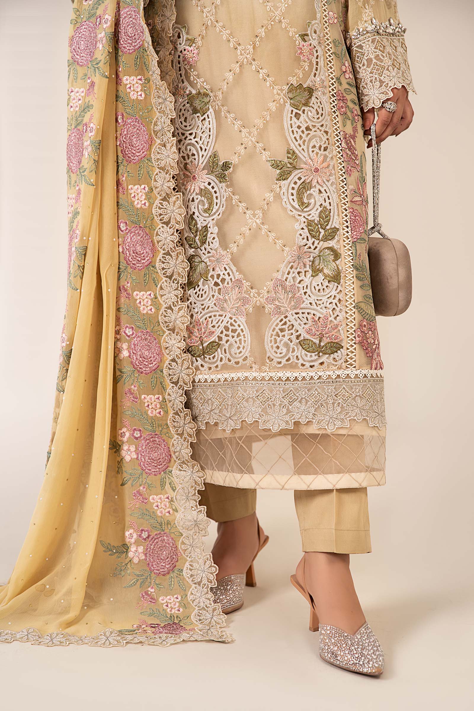 Maria B | Pre Fall Dresses | 3 Piece Embroidered Chiffon Suit Yellow - Official Maria B - Agha Fabrics UK