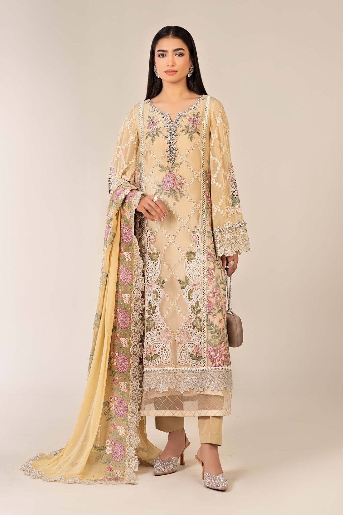 Maria B | Pre Fall Dresses | 3 Piece Embroidered Chiffon Suit Yellow - Official Maria B - Agha Fabrics UK