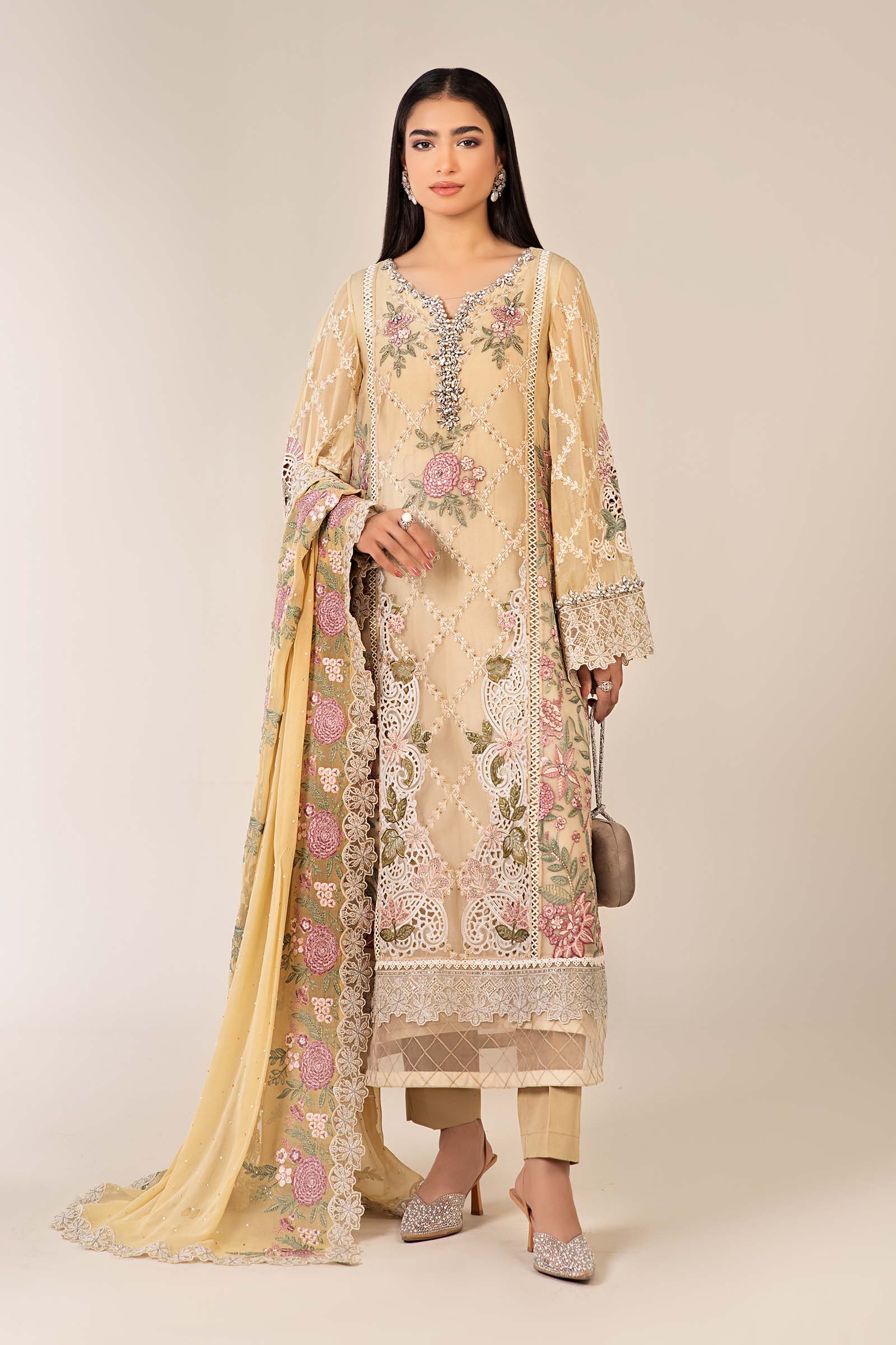 Maria B | Pre Fall Dresses | 3 Piece Embroidered Chiffon Suit Yellow - Official Maria B - Agha Fabrics UK