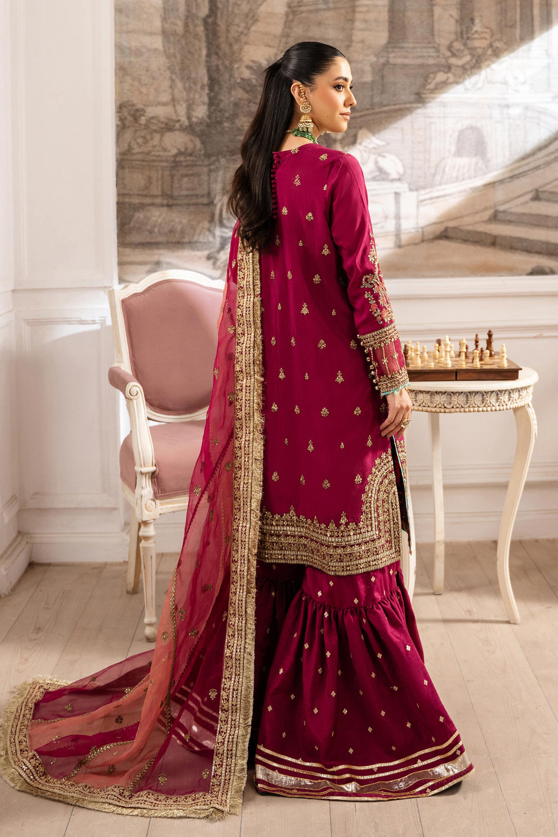 Maria B | Pre Fall Dresses | 3 Piece Embroidered Raw Silk Suit Redish Pink - Official Maria B - Agha Fabrics UK