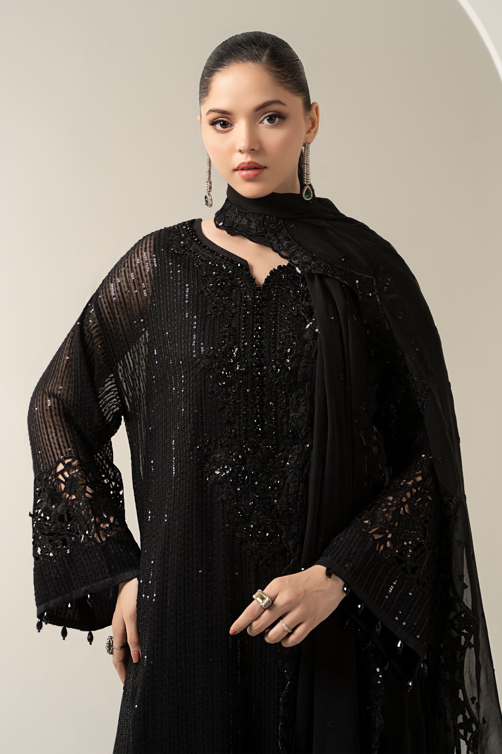 Maria B | Pre Fall Dresses | 3 Piece Embroidered Chiffon Suit Black - Official Maria B - Agha Fabrics UK