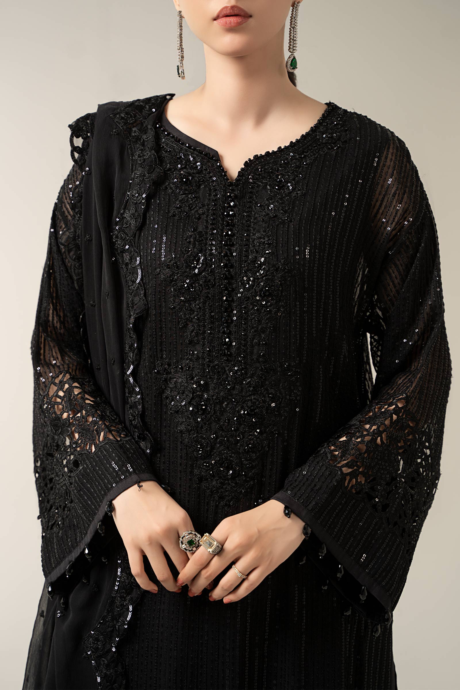 Maria B | Pre Fall Dresses | 3 Piece Embroidered Chiffon Suit Black - Official Maria B - Agha Fabrics UK