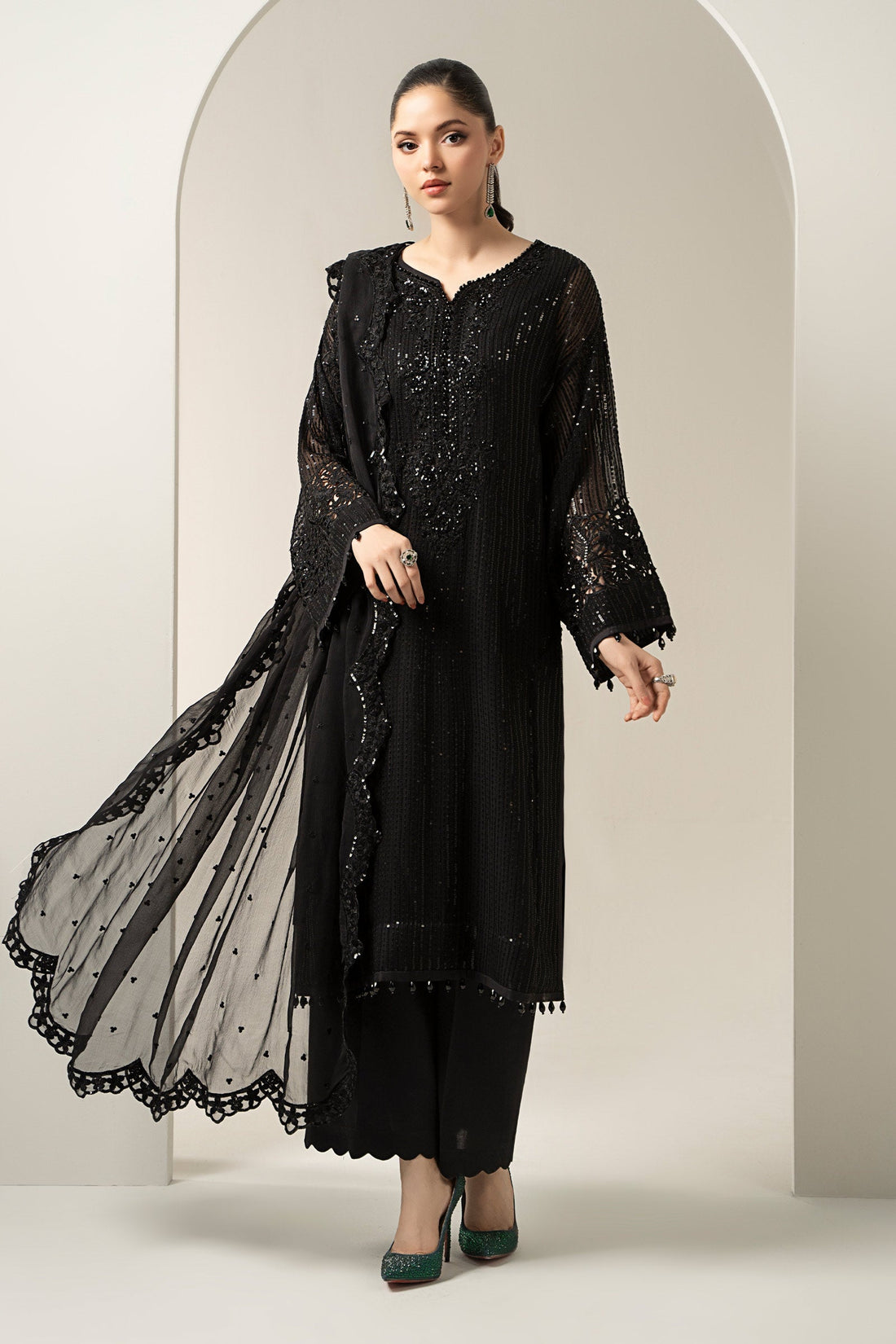 Maria B | Pre Fall Dresses | 3 Piece Embroidered Chiffon Suit Black - Official Maria B - Agha Fabrics UK