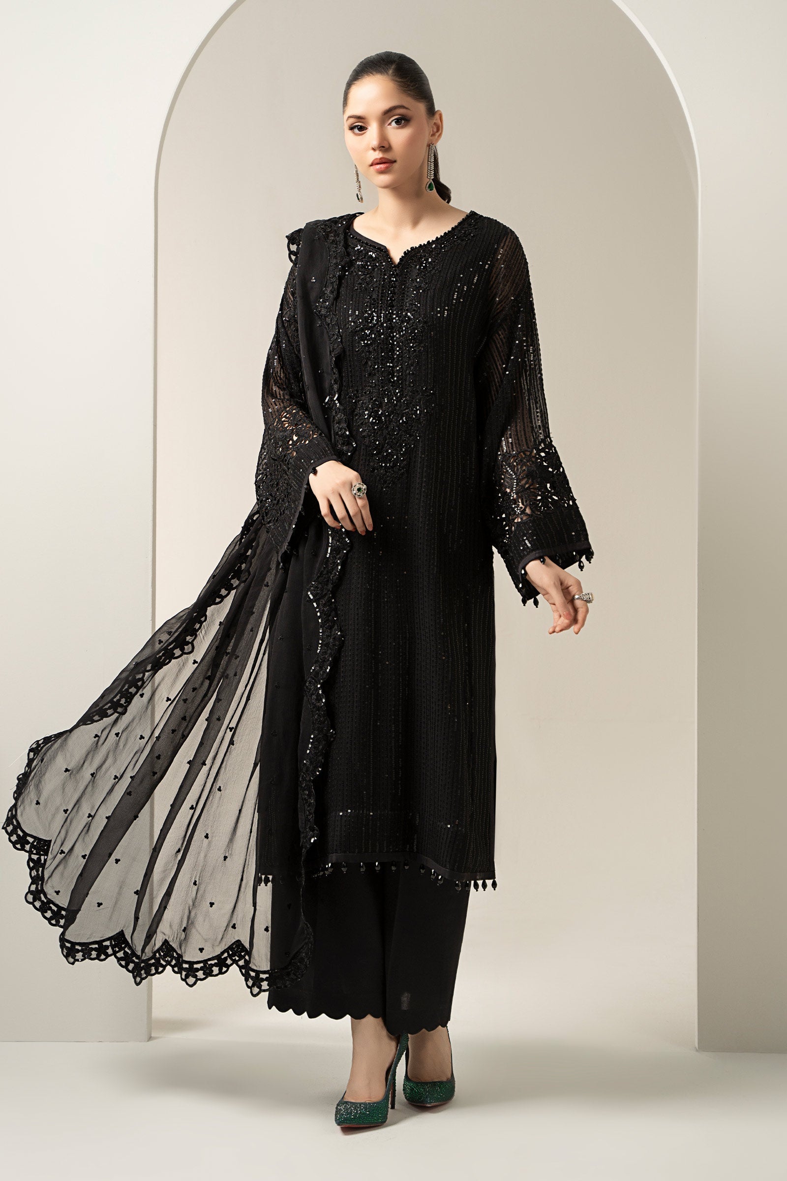 Maria B | Pre Fall Dresses | 3 Piece Embroidered Chiffon Suit Black - Official Maria B - Agha Fabrics UK