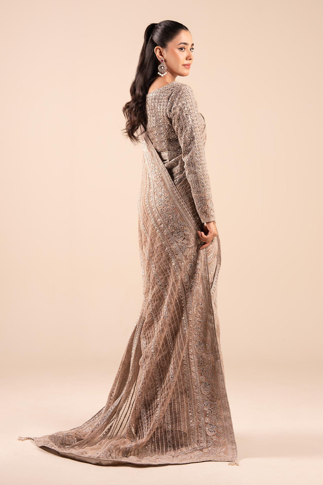 Maria B | Pre Fall Dresses | Embroidered Net Saree Light Skin - Official Maria B - Agha Fabrics UK