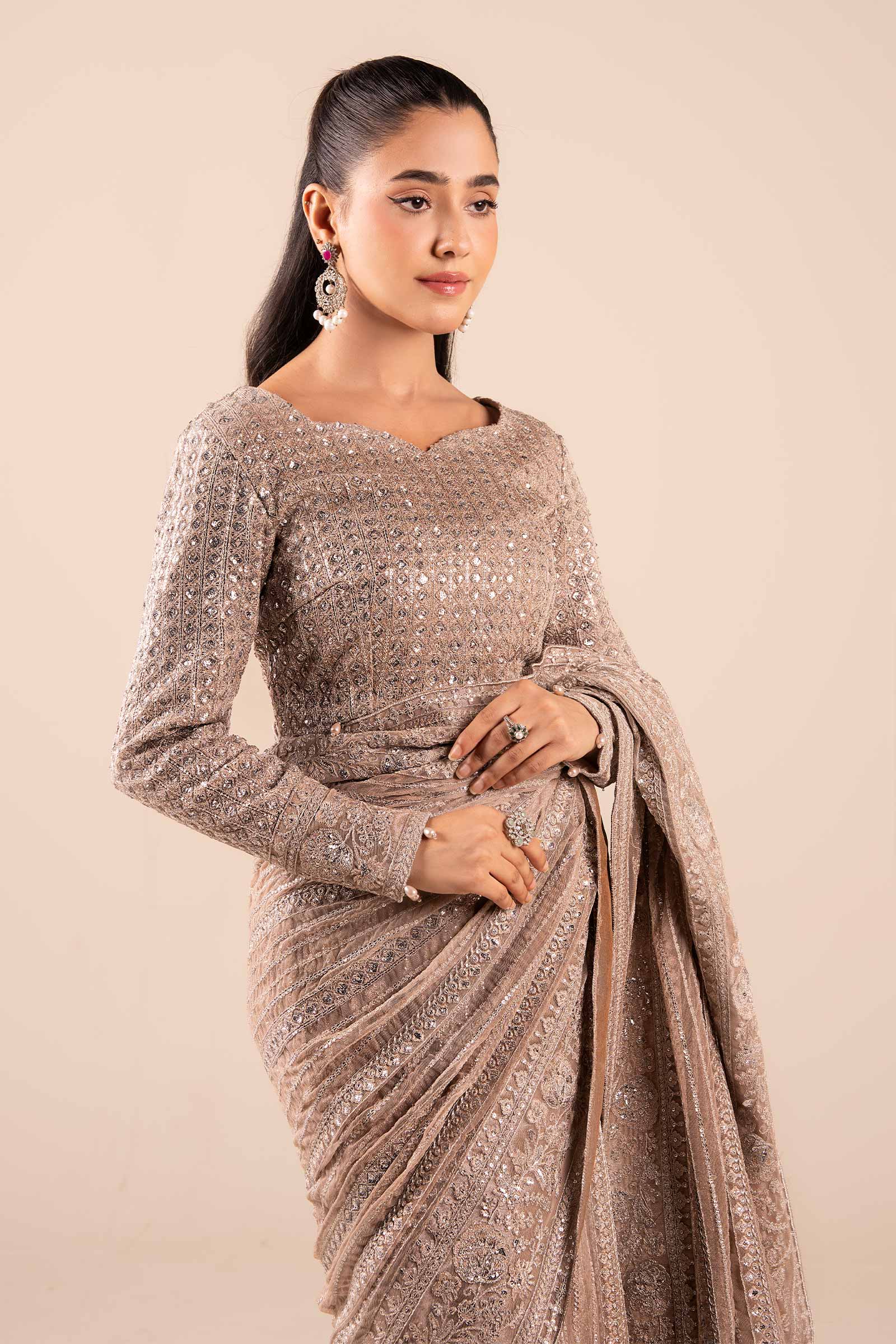 Maria B | Pre Fall Dresses | Embroidered Net Saree Light Skin - Official Maria B - Agha Fabrics UK