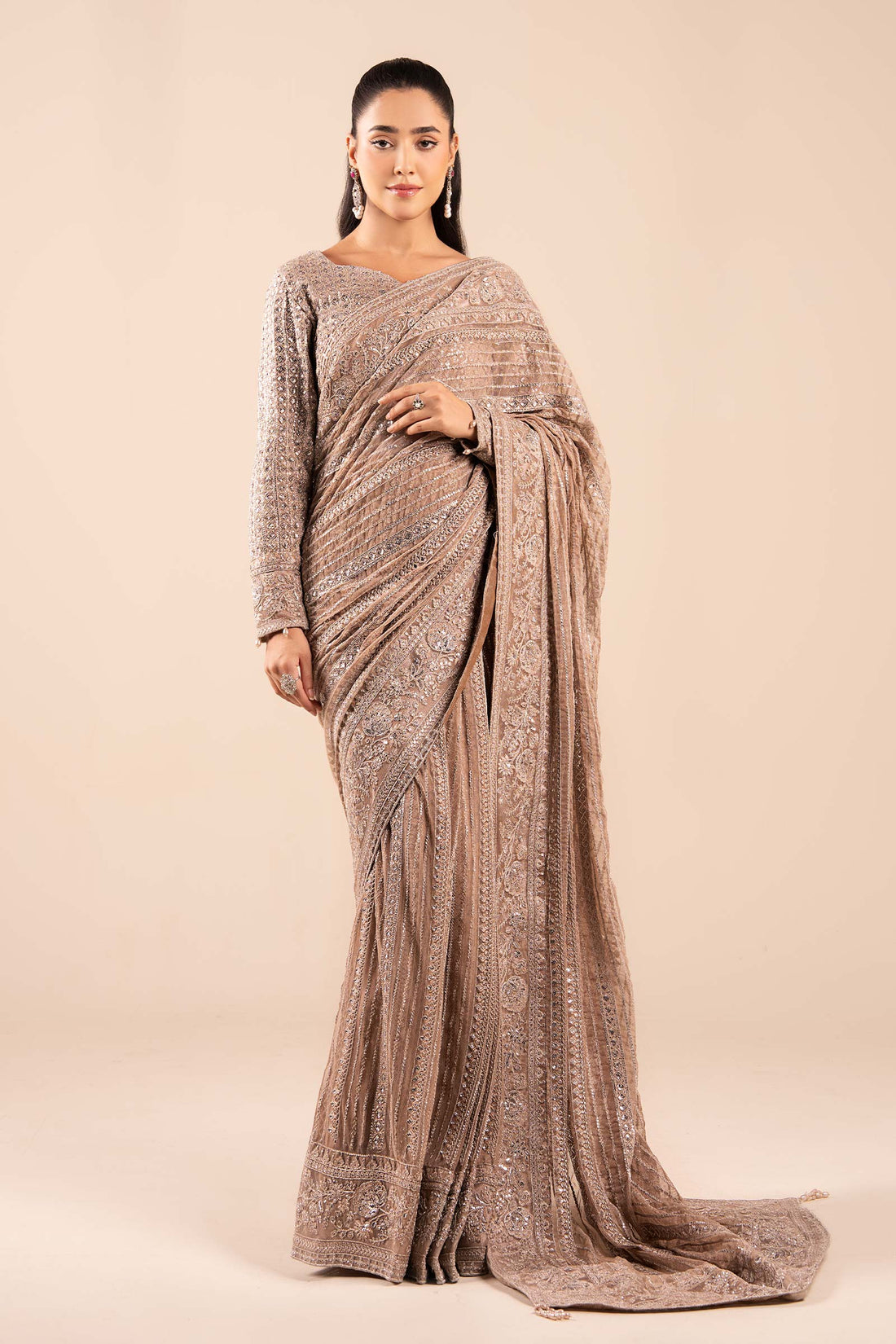 Maria B | Pre Fall Dresses | Embroidered Net Saree Light Skin - Official Maria B - Agha Fabrics UK