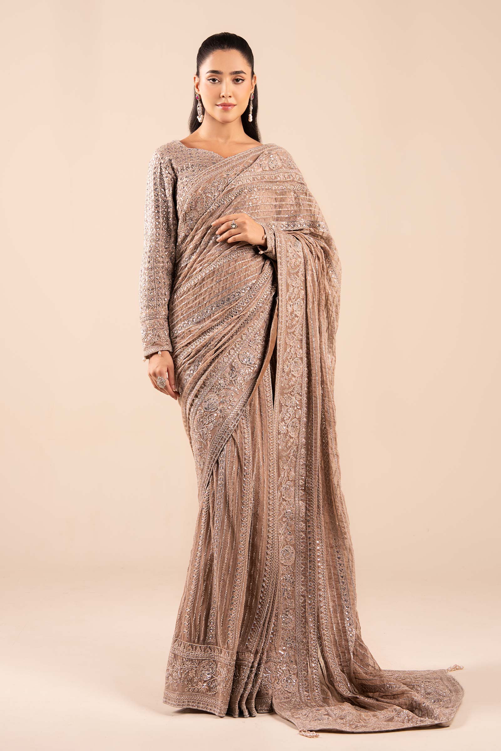 Maria B | Pre Fall Dresses | Embroidered Net Saree Light Skin - Official Maria B - Agha Fabrics UK