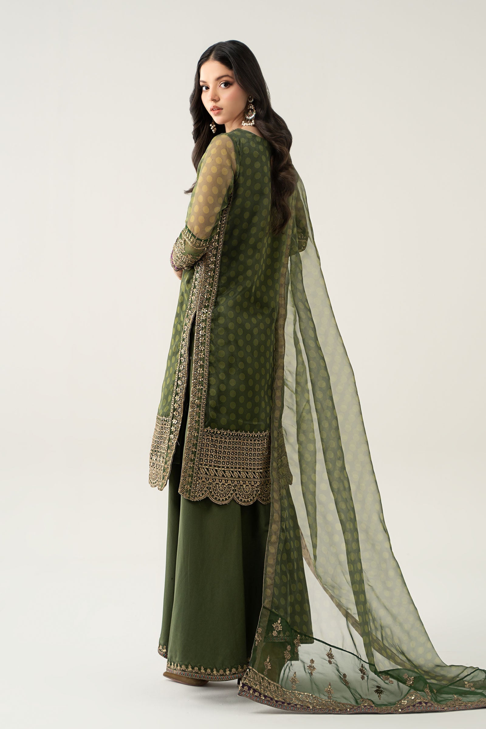 Maria B | Pre Fall Dresses | 3 Piece Embroidered Suit Deep Olive Green - Official Maria B - Agha Fabrics UK