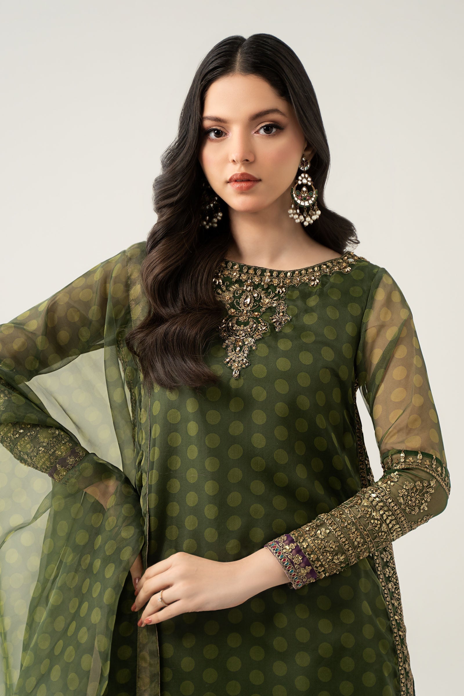 Maria B | Pre Fall Dresses | 3 Piece Embroidered Suit Deep Olive Green - Official Maria B - Agha Fabrics UK