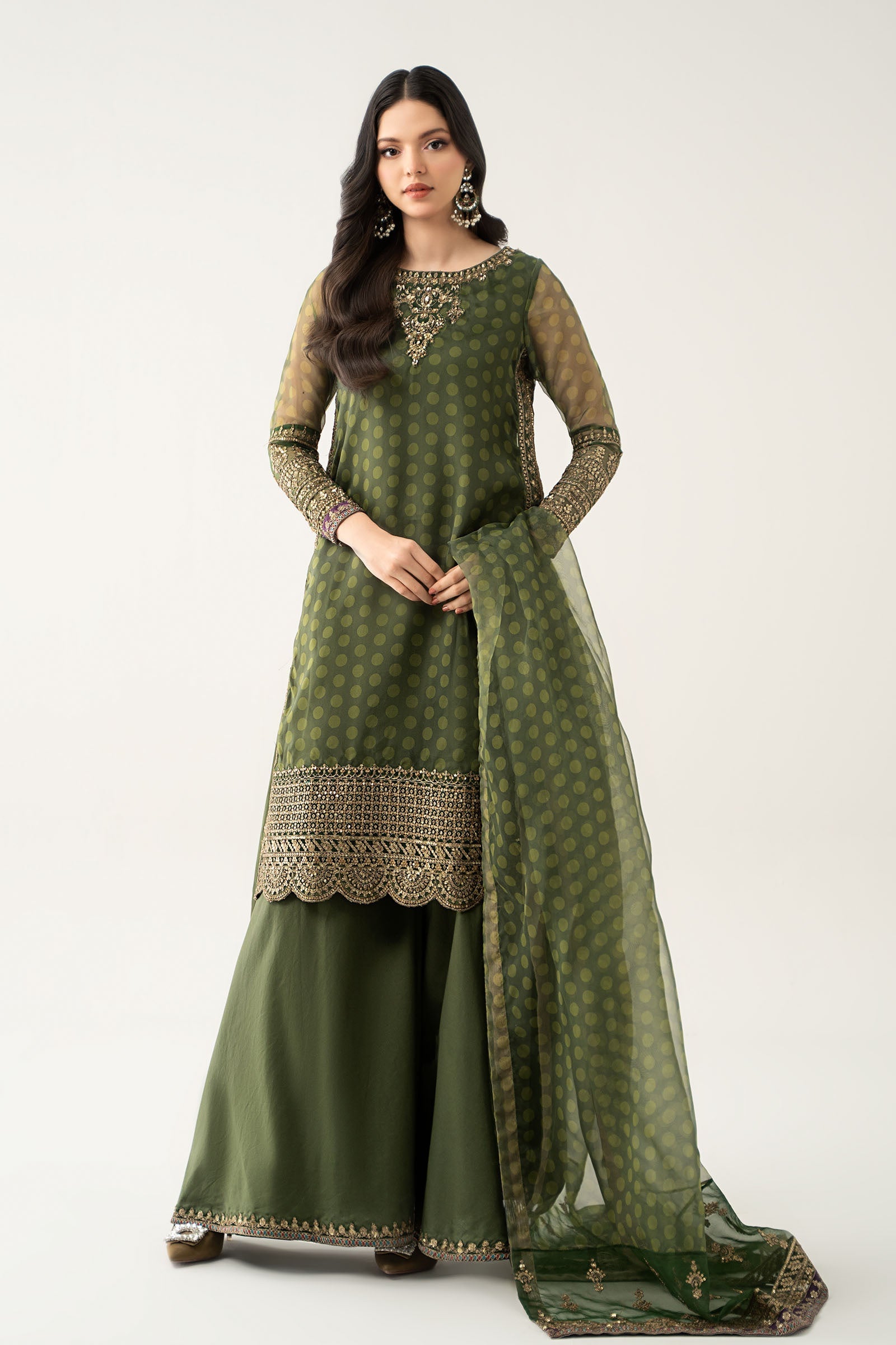 Maria B | Pre Fall Dresses | 3 Piece Embroidered Suit Deep Olive Green - Official Maria B - Agha Fabrics UK