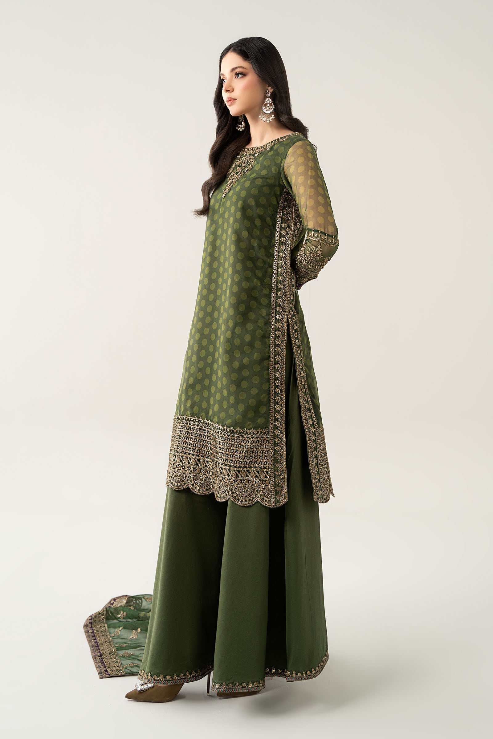 Maria B | Pre Fall Dresses | 3 Piece Embroidered Suit Deep Olive Green - Official Maria B - Agha Fabrics UK