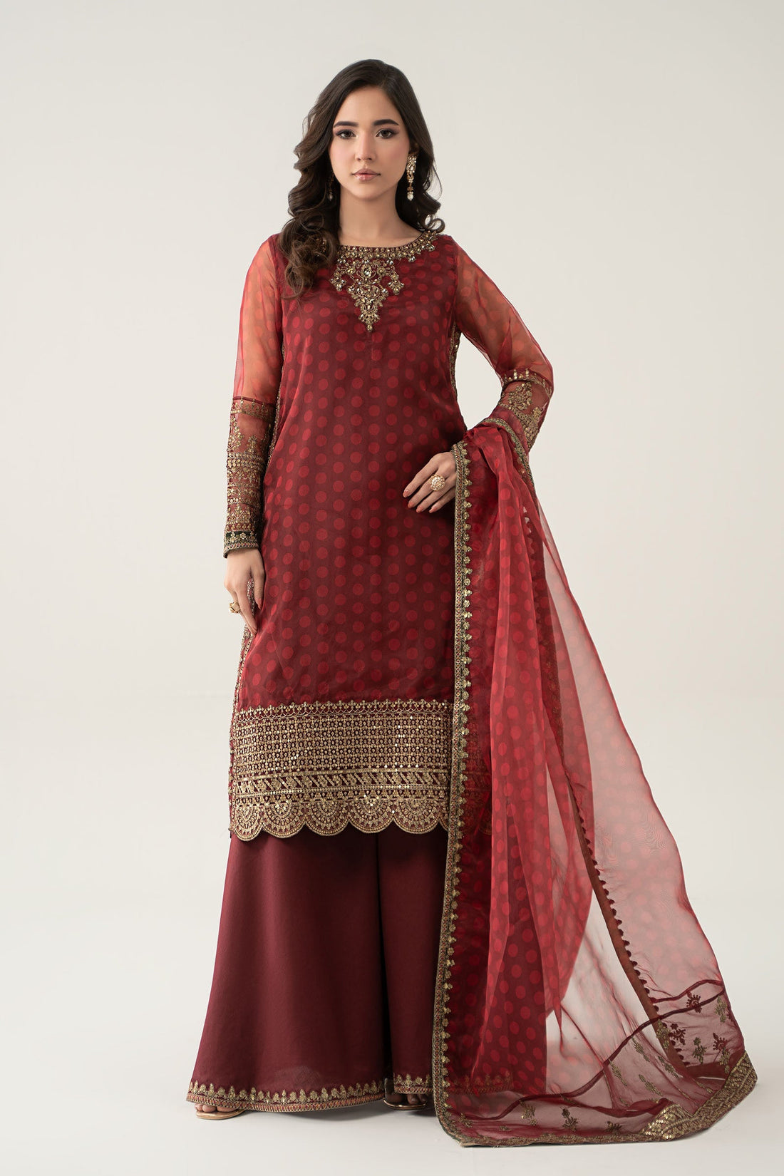 Maria B | Pre Fall Dresses | 3 Piece Embroidered Suit Marron - Official Maria B - Agha Fabrics UK
