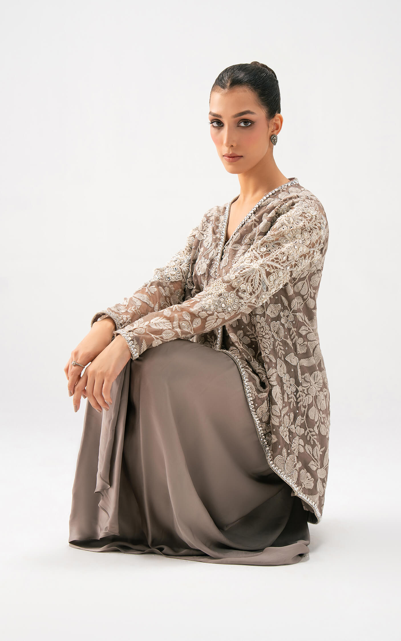 Asifa and Nabeel | Lyle Luxury Formals 25 | Taupe Bloom Drape Set - Official Asifa and Nabeel - Agha Fabrics UK