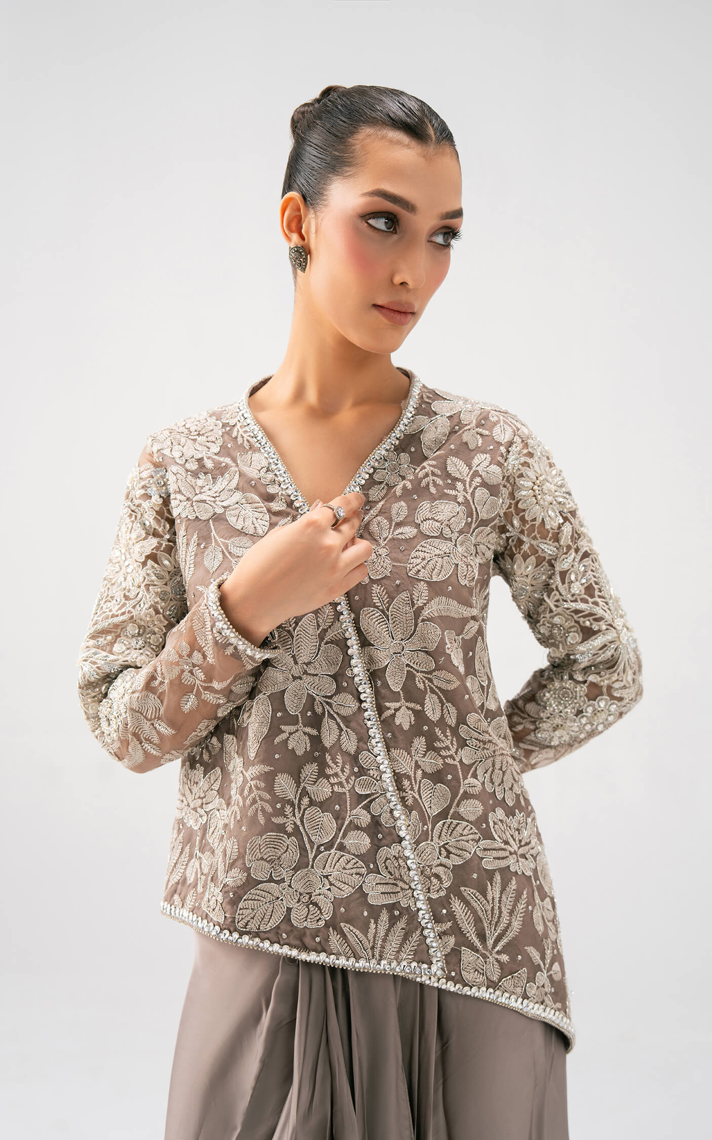 Asifa and Nabeel | Lyle Luxury Formals 25 | Taupe Bloom Drape Set - Official Asifa and Nabeel - Agha Fabrics UK