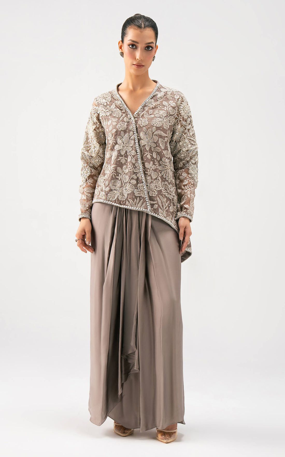 Asifa and Nabeel | Lyle Luxury Formals 25 | Taupe Bloom Drape Set - Official Asifa and Nabeel - Agha Fabrics UK