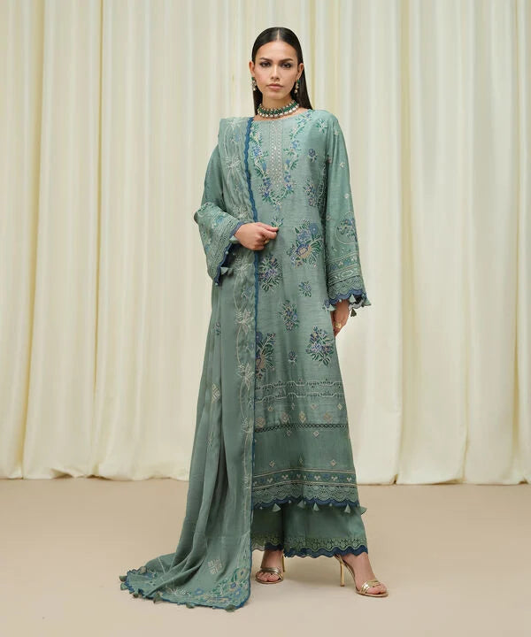 Sapphire | Fall Winter 25 | 3 Piece - Embroidered Raw Silk Suit U3FELX25V638
