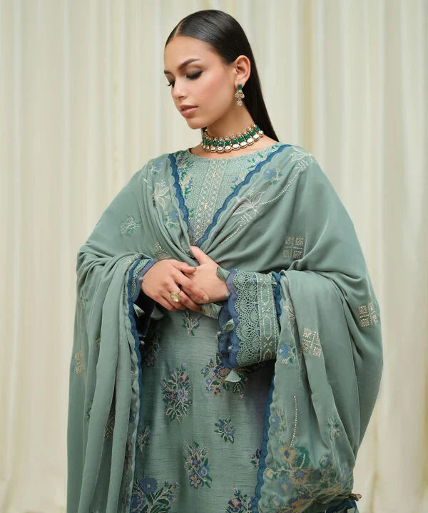 Sapphire | Fall Winter 25 | 3 Piece - Embroidered Raw Silk Suit U3FELX25V638