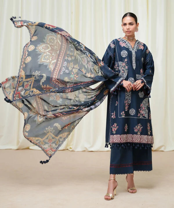 Sapphire | Fall Winter 25 | 3 Piece - Embroidered Cotton Satin Suit U3PESD25V611