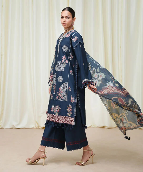 Sapphire | Fall Winter 25 | 3 Piece - Embroidered Cotton Satin Suit U3PESD25V611