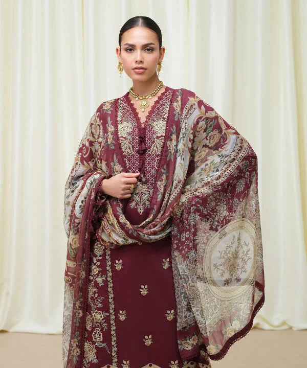 Sapphire | Fall Winter 25 | 3 Piece - Embroidered Cotton Satin Suit U3PESD25V616