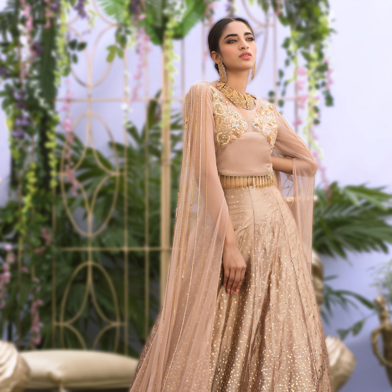 Wahaj M.Khan | Nureh Wedding Formals | Rose Gold Lenga and Choli