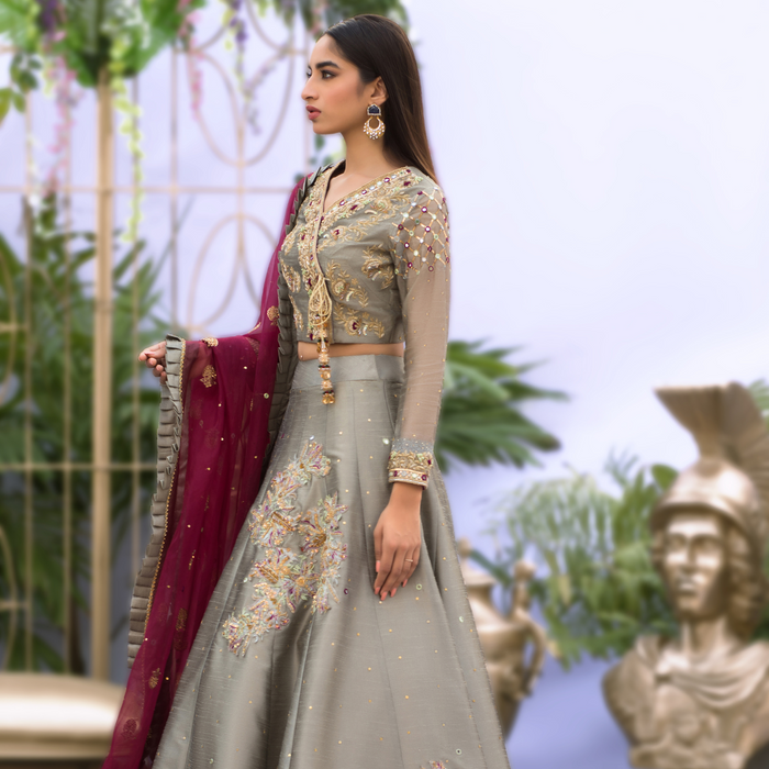 Wahaj M.Khan | Nureh Wedding Formals | Grey and Magenta Lenga Choli