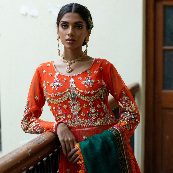 Wahajmkhan | Bahar Begum Formals | BURNT & EMERALD SHAWL ANARKALI