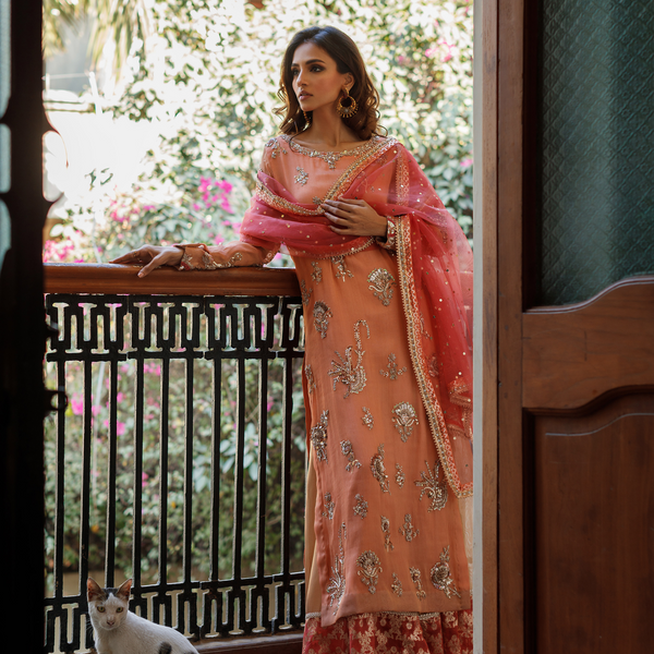 Wahajmkhan | Bahar Begum Formals | PEACH CORAL BAHAR OUTFIT