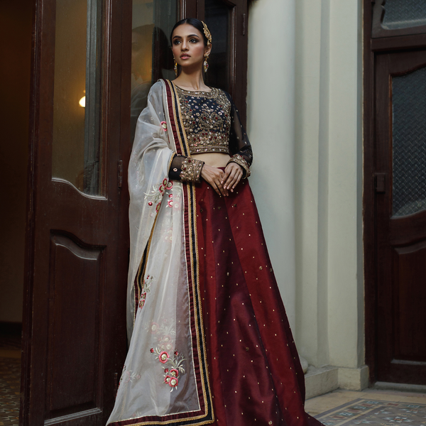 Wahajmkhan | Bahar Begum Formals | BLACK & MAROON BEGUM LEHNGA