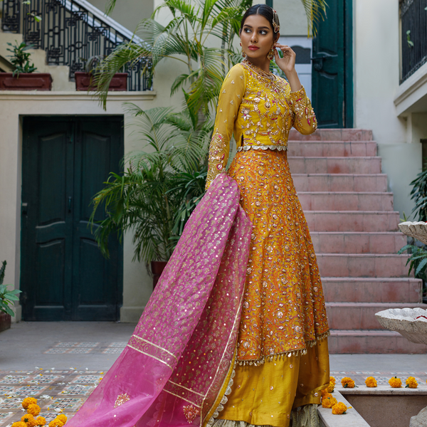Wahajmkhan | Bahar Begum Formals | MUSTARD LAYERED LEHNGA CHOLI