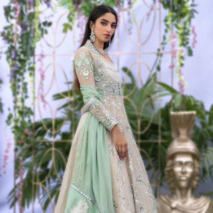 Wahaj M.Khan | Nureh Wedding Formals | Ivory and Mint Green Anarkali