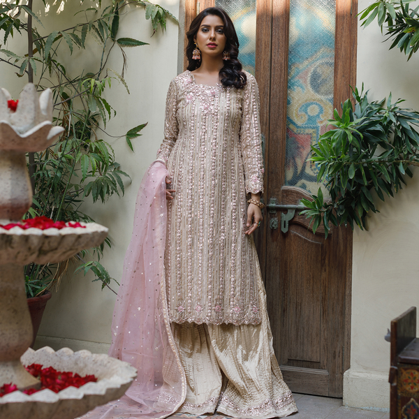 Wahajmkhan | Bahar Begum Formals | IVORY ROSE GOLD GOTTA JORA