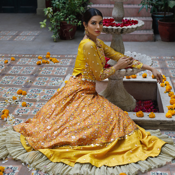 Wahajmkhan | Bahar Begum Formals | MUSTARD LAYERED LEHNGA CHOLI