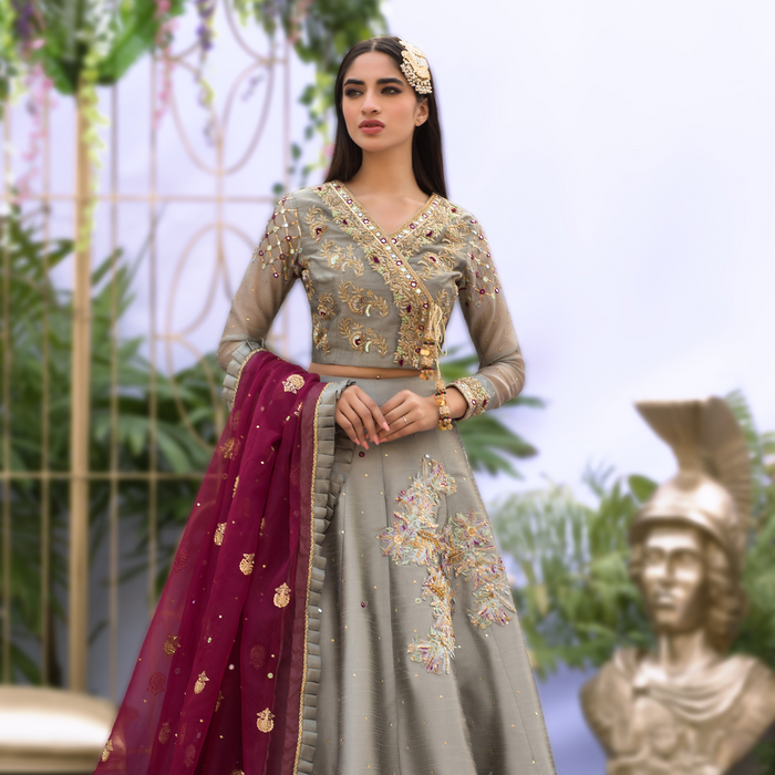 Wahaj M.Khan | Nureh Wedding Formals | Grey and Magenta Lenga Choli