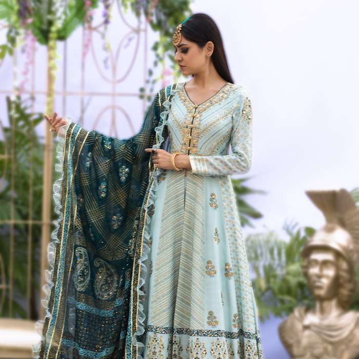 Wahaj M.Khan | Nureh Wedding Formals | Ferozi and Teal BlockPrint Angarkha
