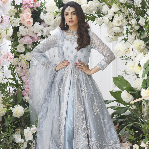 Wahajmkhan | Eden wedding Formals | ICE BLUE ANARKALI WITH FRILL LENGA