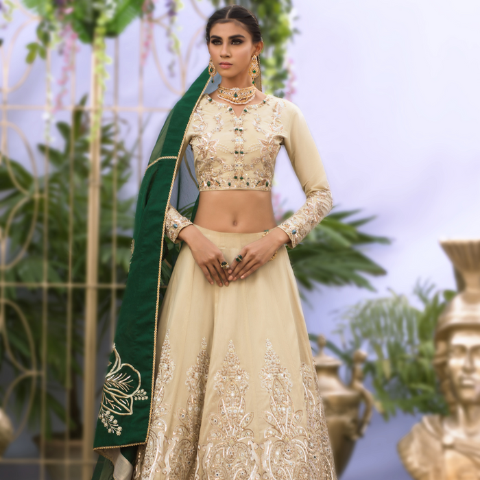 Wahaj M.Khan | Nureh Wedding Formals | Ivory and Jade Lenga Choli