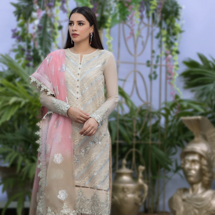 Wahaj M.Khan | Nureh Wedding Formals | Ivory and Candy Pink Straight Shirt