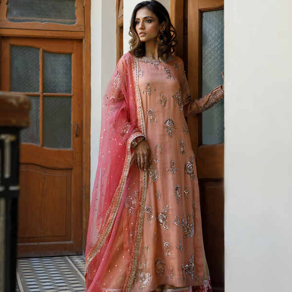 Wahajmkhan | Bahar Begum Formals | PEACH CORAL BAHAR OUTFIT