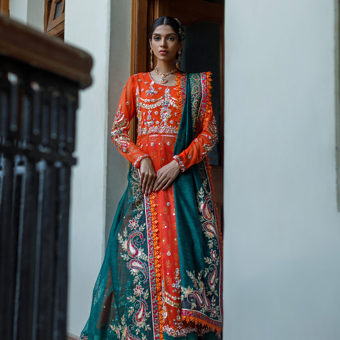 Wahajmkhan | Bahar Begum Formals | BURNT & EMERALD SHAWL ANARKALI