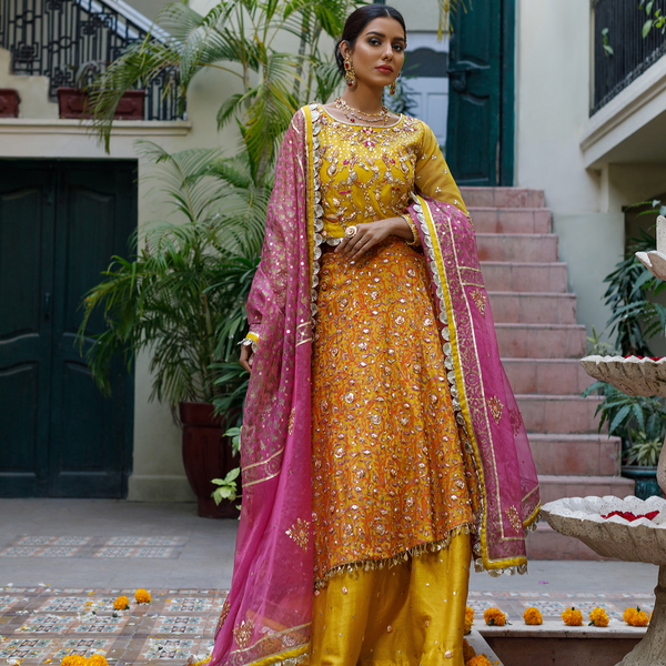 Wahajmkhan | Bahar Begum Formals | MUSTARD LAYERED LEHNGA CHOLI