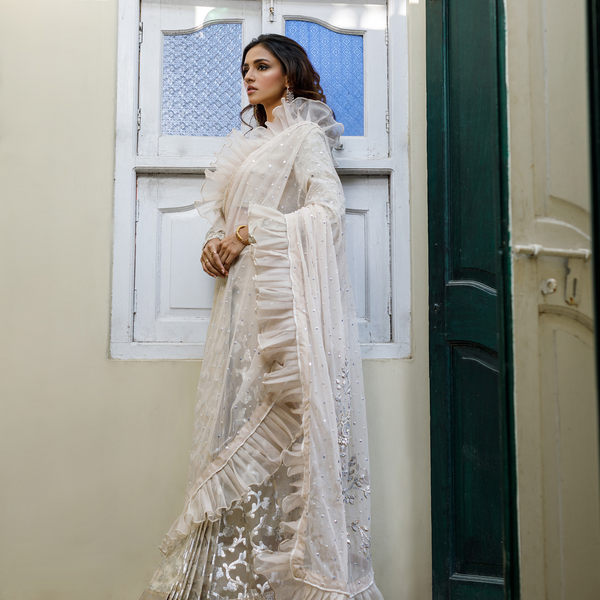 Wahajmkhan | Bahar Begum Formals | IVORY SARI PANTS