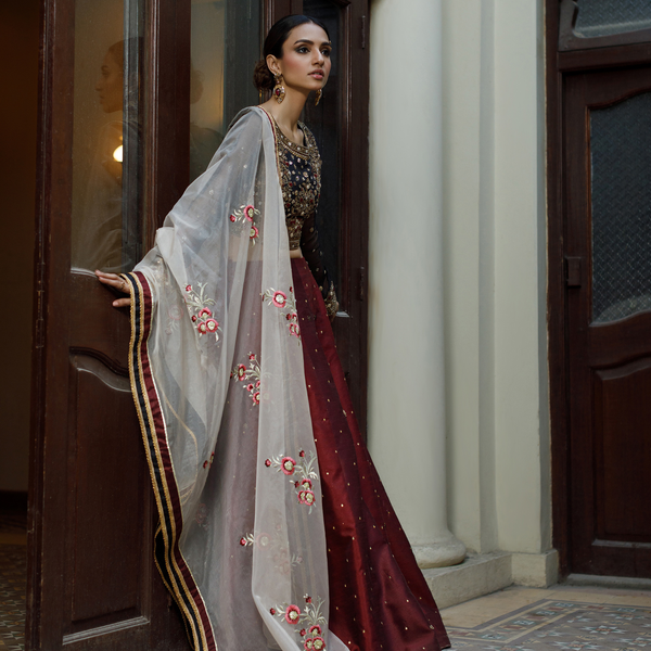 Wahajmkhan | Bahar Begum Formals | BLACK & MAROON BEGUM LEHNGA